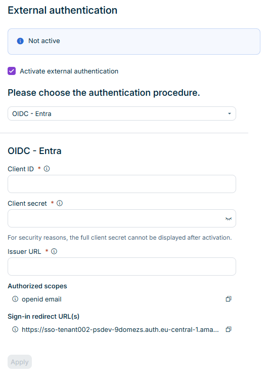 External authentication with the options to configure 'OIDC' for Microsoft Entra ID, including the Issuer URL validation.