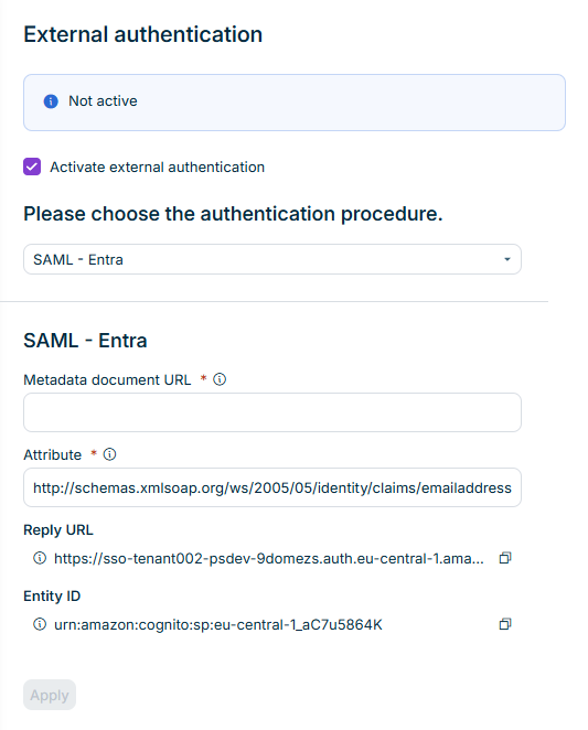 External authentication with the options to configure 'SAML' for Microsoft Entra ID.