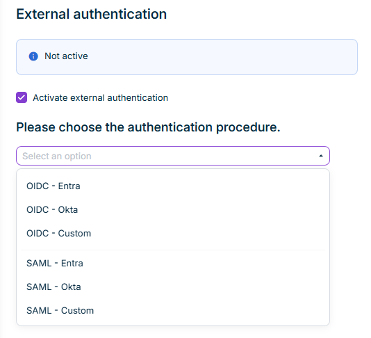 Shows the authentication-procedure menu with the OIDC and SAML options for Entra, Okta, and Custom.