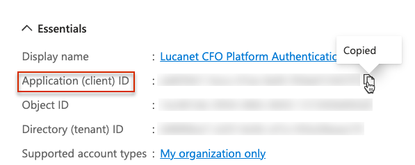 Displays the 'Essentials' area in MS Entra ID. The value behind 'Application (client) ID' is copied.