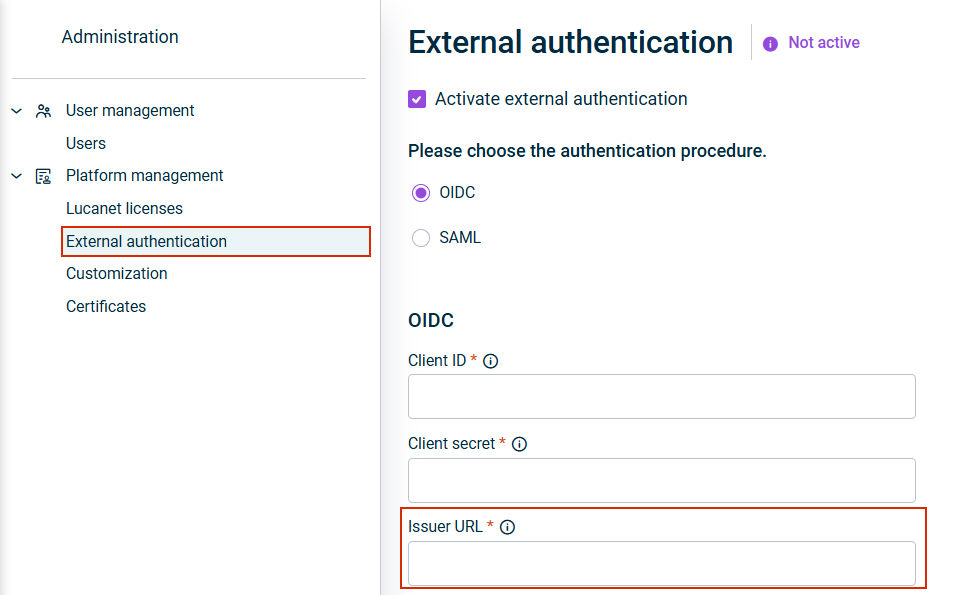 Displays the 'Issuer URL' field in Lucanet