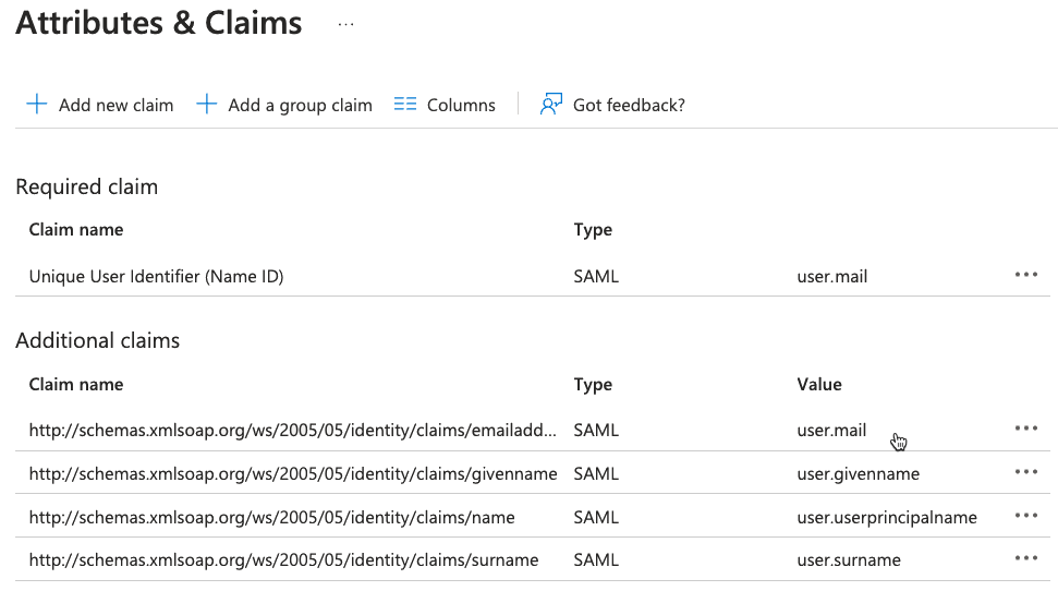 The 'Attributes & Claims' page in the Azure Portal is displayed. The row with the 'user.mail' value is selected.
