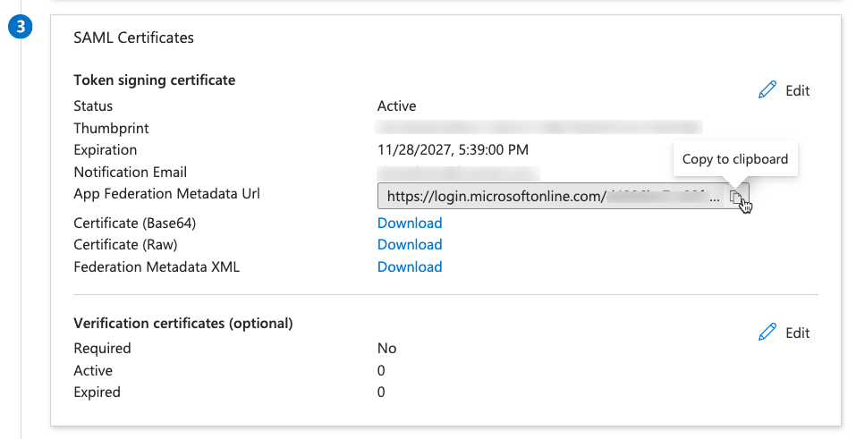 The 'SAML Certificates' area in the Azure Portal is displayed. The value of 'App Federation Metadata Url' is copied.