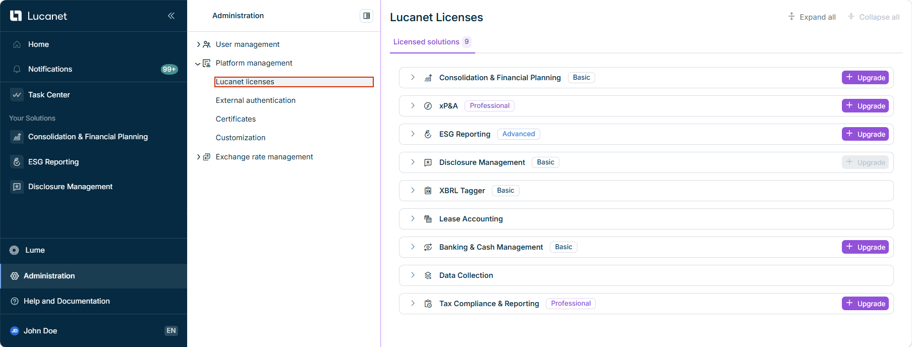 Shows the 'Lucanet licenses' workspace with one card per licensed solution on the 'Licensed solutions' tab.