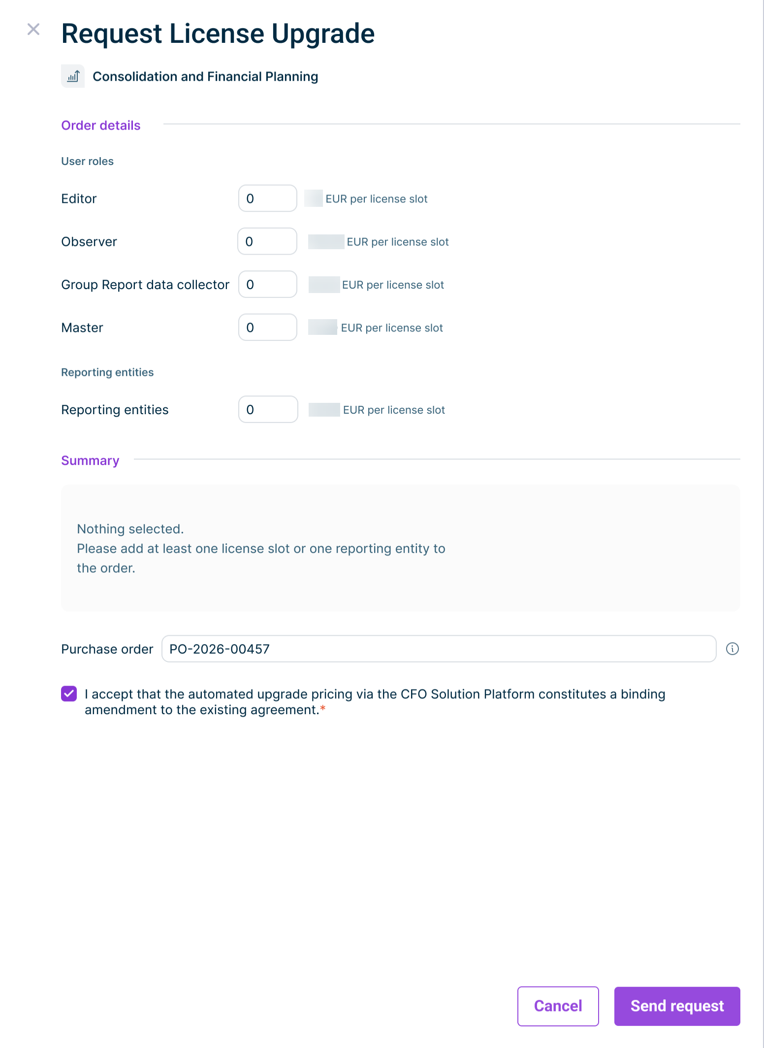 Displays the 'Request License Upgrade' dialog