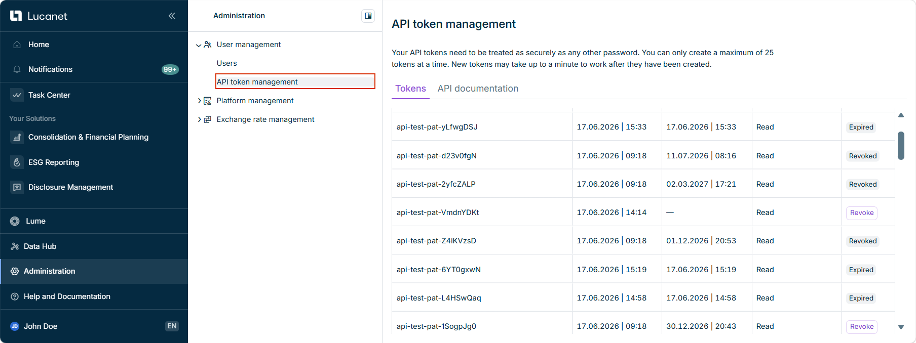 Shows the 'API token management' workspace with the list of API tokens.