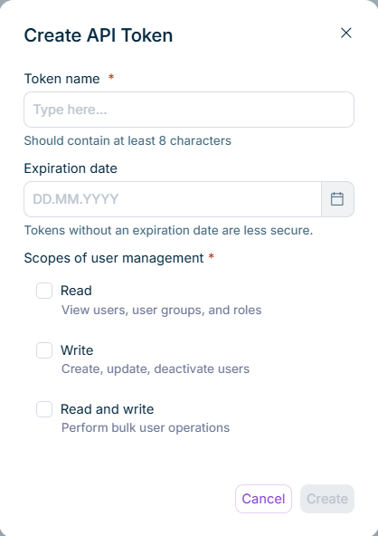 Shows the 'Create API Token' dialog with the token name, expiration date, and scope options.