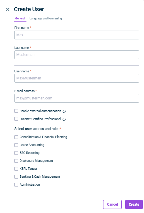 Displays the ‘Create User’ side panel with the ‘General’ tab open. The ‘Language and formatting’ tab is grayed out.