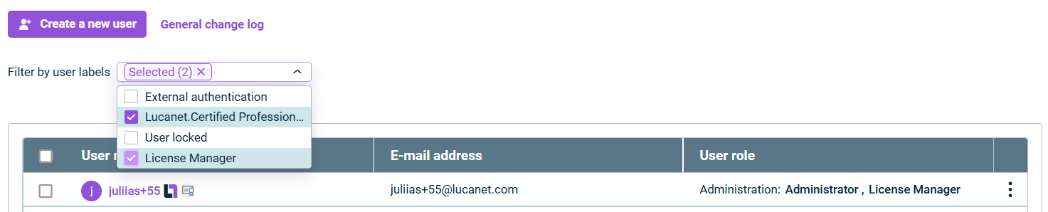 The list of users with the Filter by user labels above the list is displayed. In the drop-down list behind the filter, the check boxes 'Lucanet.Certified Professional' and "User locked" are activated. The 'External authentication' check box is not activated.