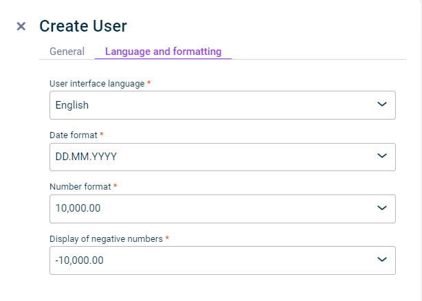 Displays the ‘Language and formatting’ tab in the ‘Create User’ dialog.