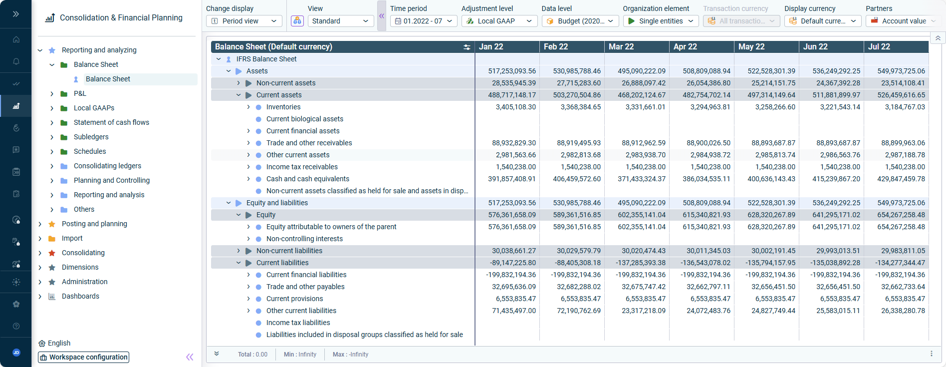 Display of a balance sheet in 'Consolidation & Financial Planning'