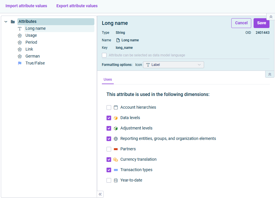 Shows the detailed view of an attribute of type string
