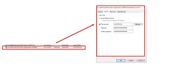 The Log On tab of the Lucanet.Script Execution Application service in the Windows Services console