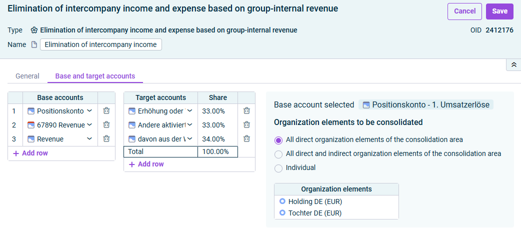 elimination of intercompany income and expense based on group-internal revenue: 'Base and target accounts' tab