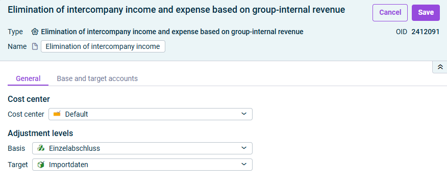 Elimination of intercompany income and expense based on group-internal revenue: 'General' tab