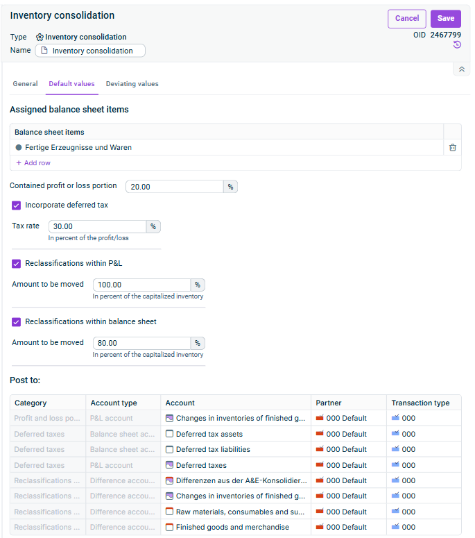 Inventory consolidation: 'Default values' tab