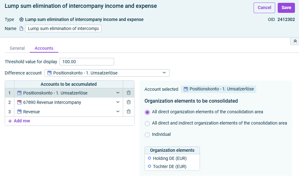 Lump sum elimination of intercompany income and expense: 'Accounts' tab