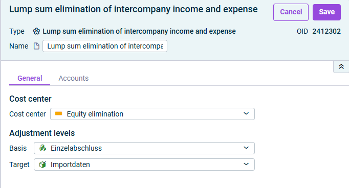 Lump sum elimination of intercompany income and expense: 'General' tab