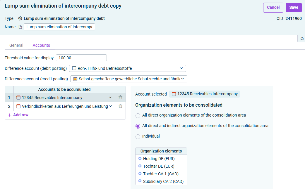Lump sum elimination of intercompany debt: 'Accounts' tab