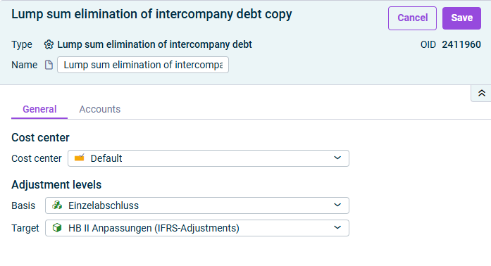 Lump sum elimination of intercompany debt: 'General' tab
