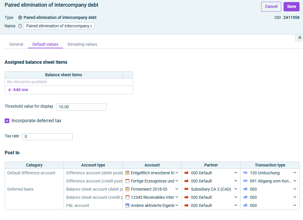 Paired elimination of intercompany debt: 'Default values' tab