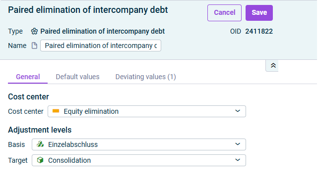 Paired elimination of intercompany debt: 'General' tab