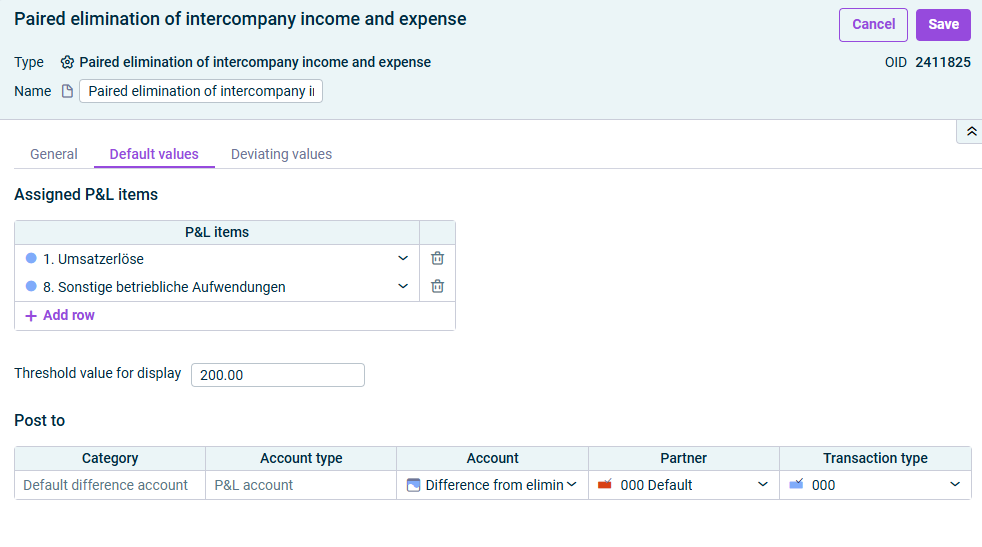 Paired elimination of intercompany income and expense: 'Default values' tab