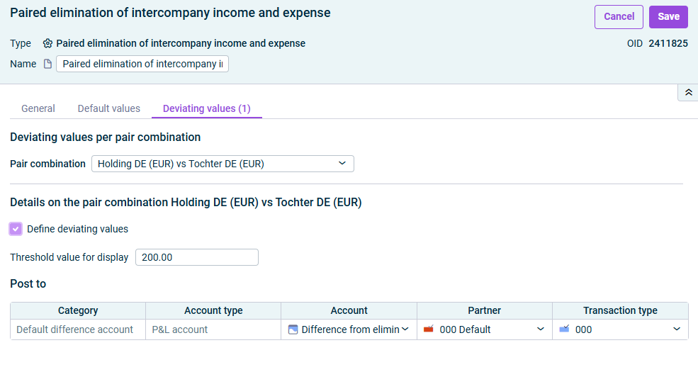 Paired elimination of intercompany income and expense: 'Deviating values' tab