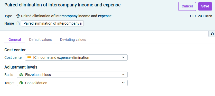 Paired elimination of intercompany income and expense: 'General' tab