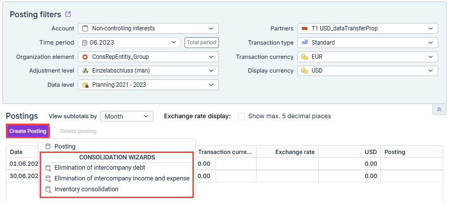 Shows the 'Show postings' dialog. The 'Create Posting' button and the 'Consolidation Wizards' section of its menu are highlighted in red.