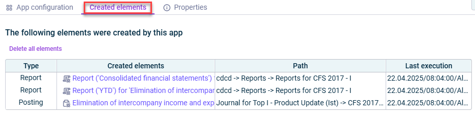 Shows the 'Created elements' tab of a Consolidation app