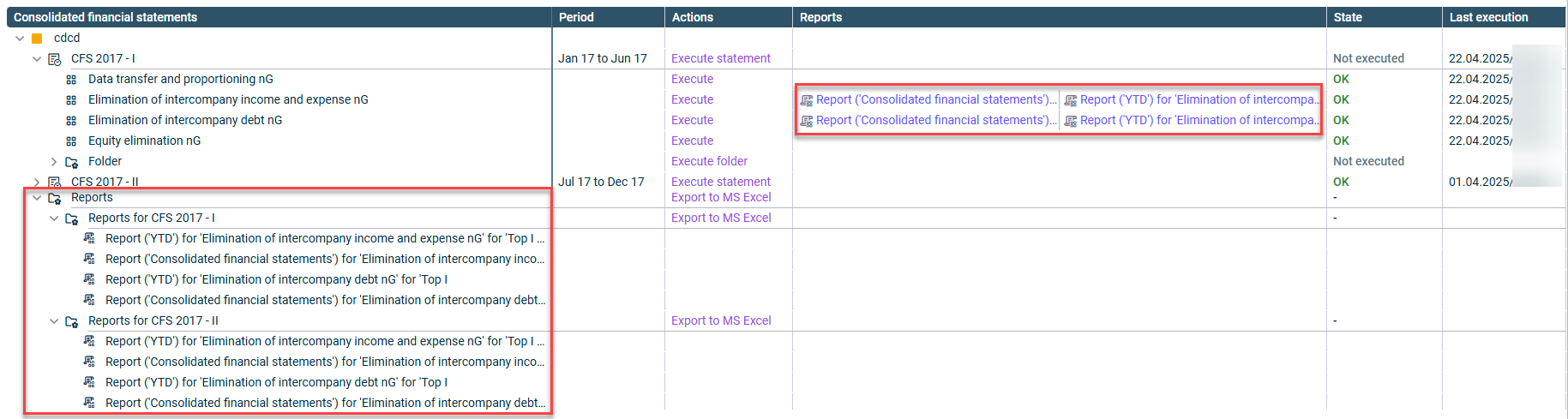 Shows the overview table in the 'Consolidated financial statements' workspace. The 'Reports' column is selected, showing the links to the reports generated by the apps.