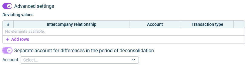 Shows the 'Advanced settings' and 'Separate account for differences in the period of deconsolidation' options in the 'Elimination' step.