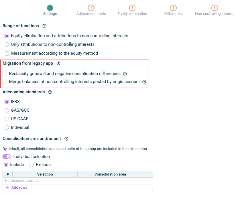 Displays the 'Settings' step of the app for equity elimination. Marked is the 'Migration from legacy app' area