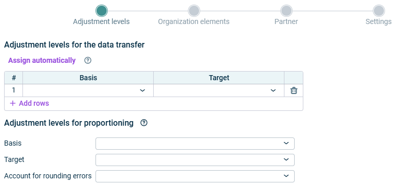 Shows the 'Adjustment levels' step of the data transfer and proportioning.