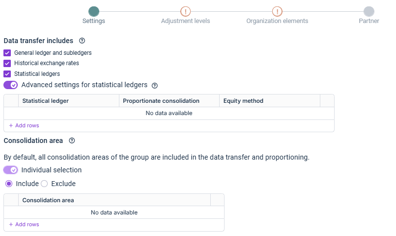 Shows the 'Settings' step of data transfer and proportioning.