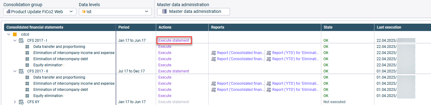 Shows the overview table in the 'Consolidated financial statements' workspace. The option 'Execute consolidated financial statements' in the 'Action' column is tagged.