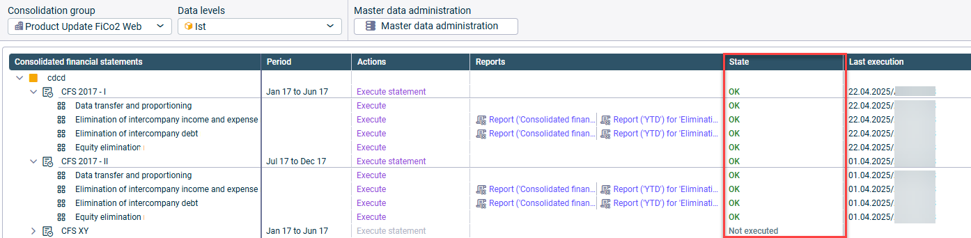 Shows the overview table in the 'Consolidated financial statements' workspace. The column 'State' is highlighted