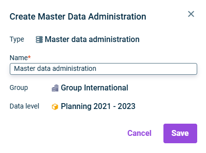 Shows the 'Create Master data administration' dialog