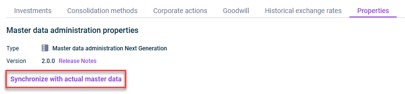 Shows the 'Properties' tab of the master data administration. The option 'Synchronize with actual master data' is selected.