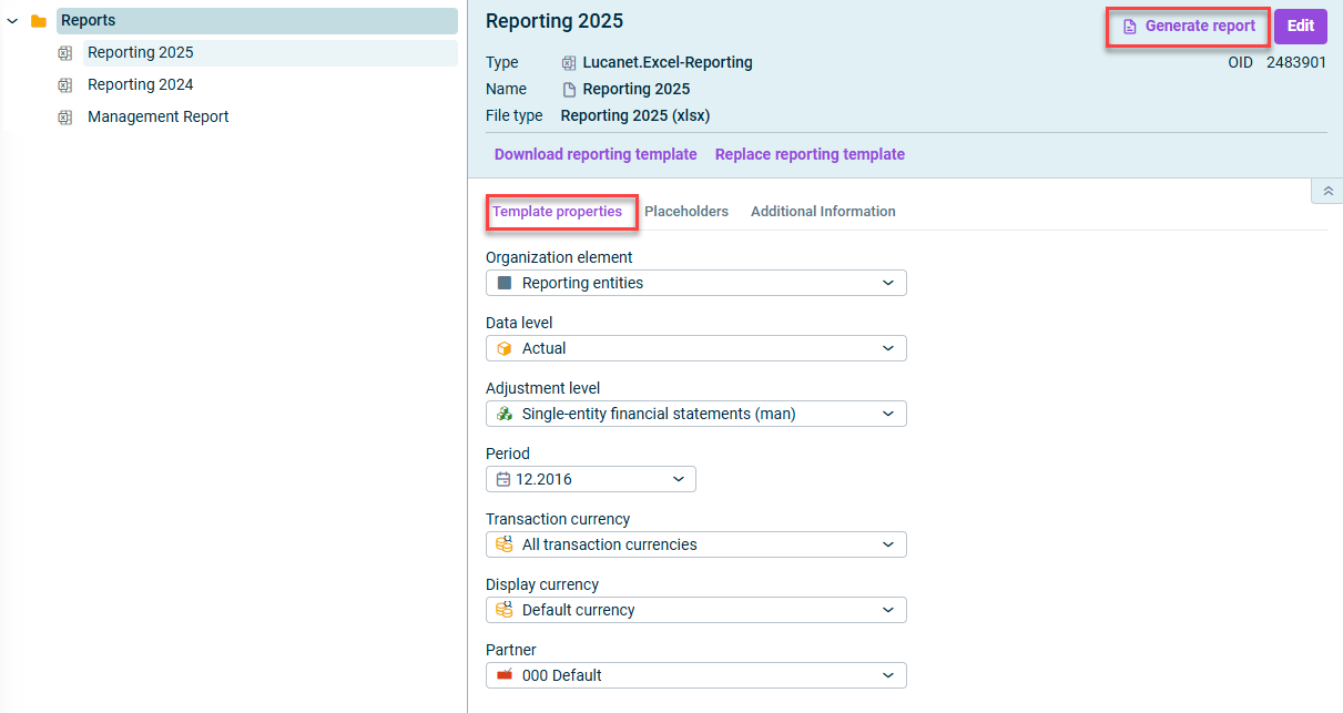 Shows the detail view of a reporting template. The “Template properties” tab and the “Generate report” command are marked in red.