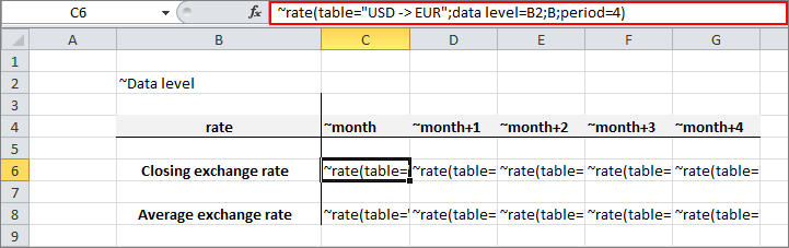 Shows an Excel section with a tilde formula ~rate