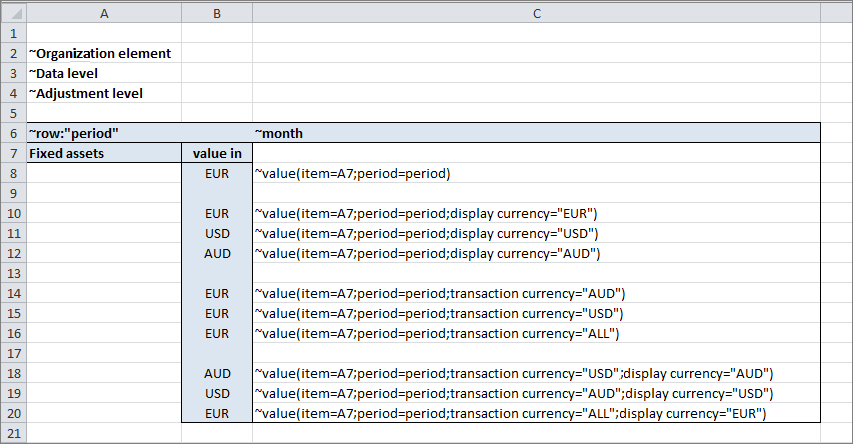 The image shows an Excel excerpt. The last column contains tilde formulas that all include the Transaction currency parameter at the end.