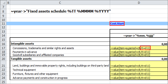 Shows an Excel area with a tilde formula and a table. Highlighted in red are cell D11 (containing the transaction type Cost.Start) and the part of the tilde formulas with the parameter tt=d11.