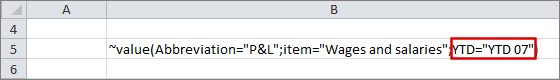 Shows an Excel excerpt with a tilde formula. The query that uses the YTD parameter is highlighted in red.