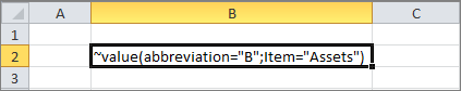 Shows an Excel section with the tilde formula Fill Rows and the parameter ‘Abbreviation’