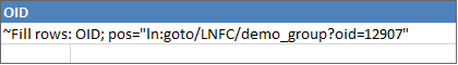 Shows an Excel extract with the tilde formula Fill rows and the parameter OID