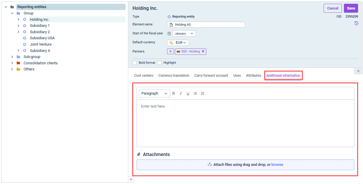 Displays the details view of an element in the “Organization Elements” workspace. The “More Information” tab and the field for adding text and files are highlighted.