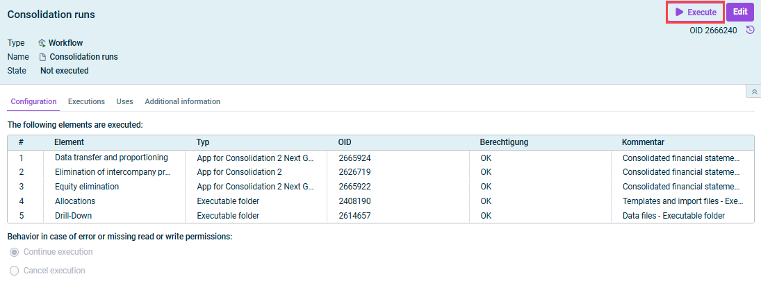 Displays the detail view of a workflow. The 'Execute' command is highlighted in red.