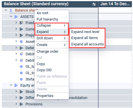 Displays the context menu for the "Balance sheet" workspace. The menu commands ‘Collapse and Expand’ are framed. The three subordinate menu commands of ‘Expand’, ‘Expand next level’, ‘Expand all items’ and ‘Expand all accounts’ are highlighted.